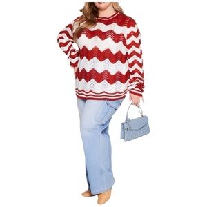 Red and White Chevron Women's Sweater, Plus Size 1X